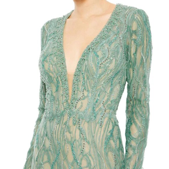 MAC DUGGAL 79291 LONG SLEEVE LACE BEADED MERMAID SAGE BALLGOWN DRESS sz 14 - Picture 2 of 3